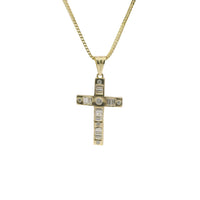 14KT Gold Charm Medium Baguette CZ Stones Cross with Six White Round CZ Stones Ends and Plain Bell