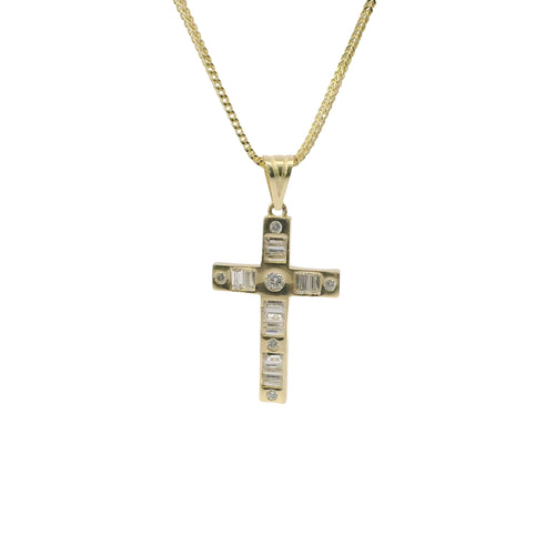 14KT Gold Charm Medium Baguette CZ Stones Cross with Six White Round CZ Stones Ends and Plain Bell