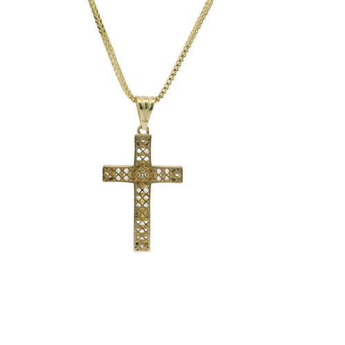 14KT Gold Charm Medium Baguette CZ Stones Cross with Six White Round CZ Stones Ends and Plain Bell