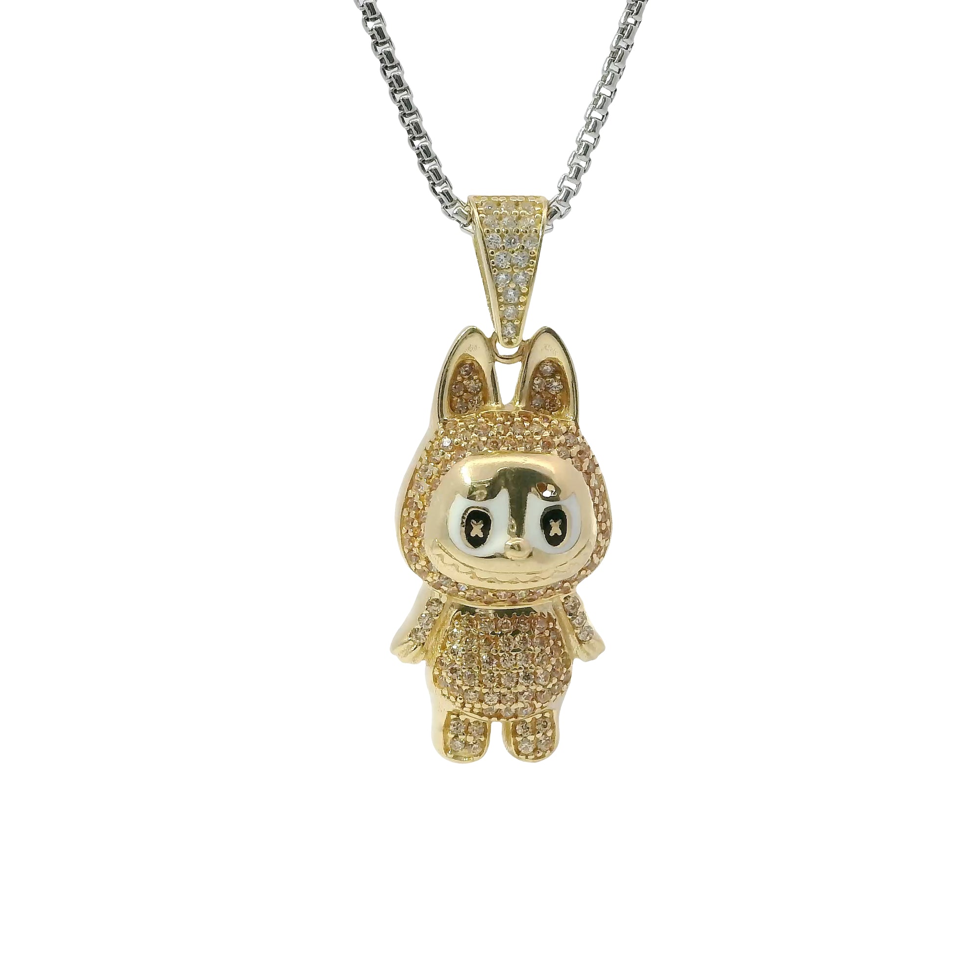 14KT Gold Charm Medium 3D Brown CZ Stones LaBuBu Body, White Enamel Eyes, and White CZ Stones Bell