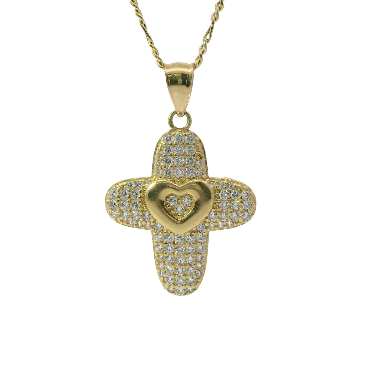 14KT Gold Charm Medium White CZ Stones Cross with Plain Heart Center and Plain Bell