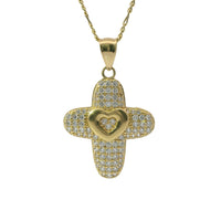 14KT Gold Charm Medium White CZ Stones Cross with Plain Heart Center and Plain Bell