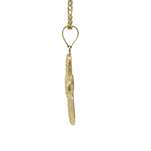 14KT Gold Charm Medium White CZ Stones Cross with Plain Heart Center and Plain Bell