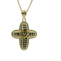 14KT Gold Charm Medium White CZ Stones Cross with Plain Heart Center and Plain Bell