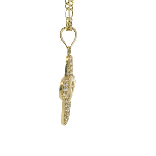 14KT Gold Charm Medium White CZ Stones Cross with Plain Heart Center and Plain Bell