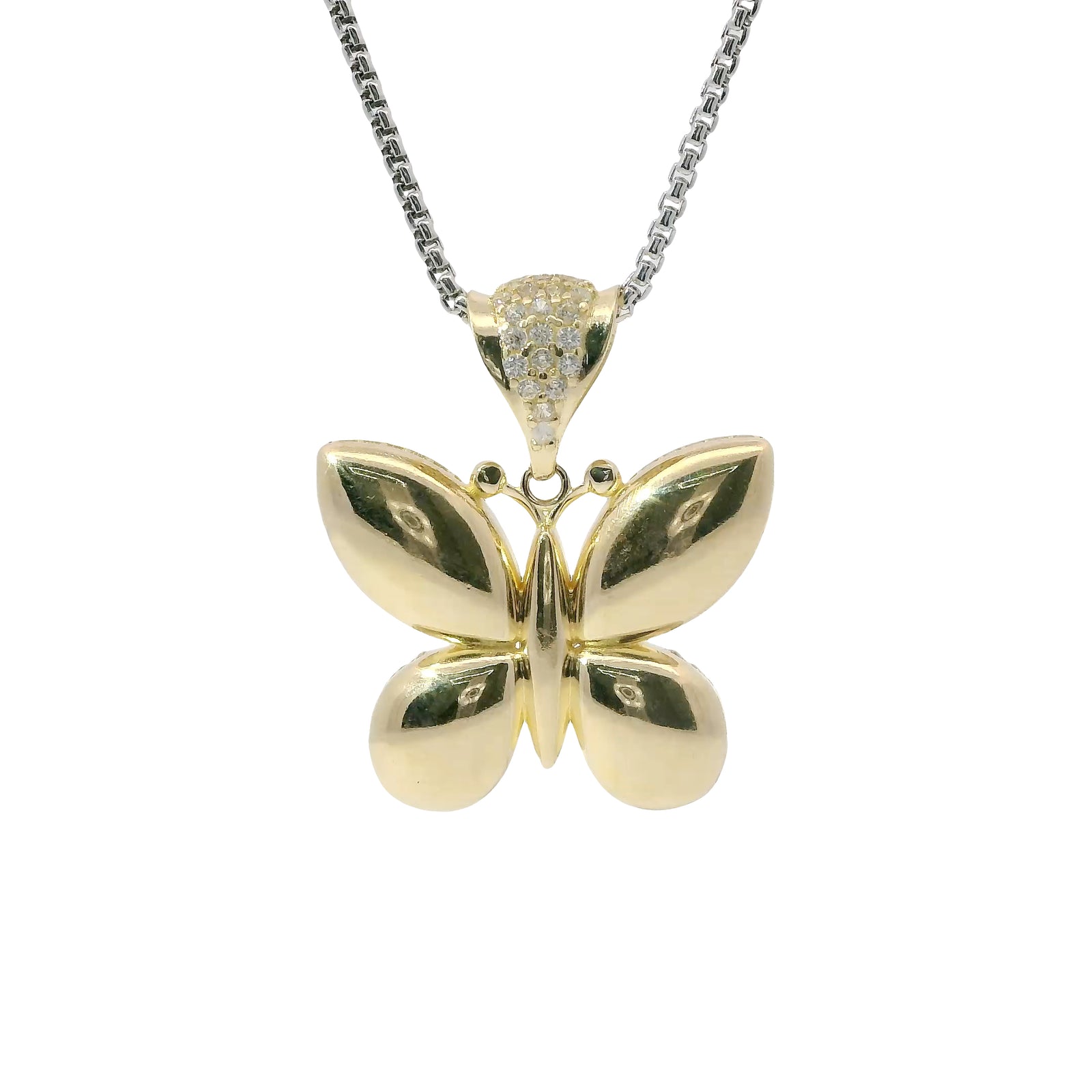 14KT Gold Charm Medium 3D Puff Butterfly with Flat Back White CZ Stones Edge and Bell