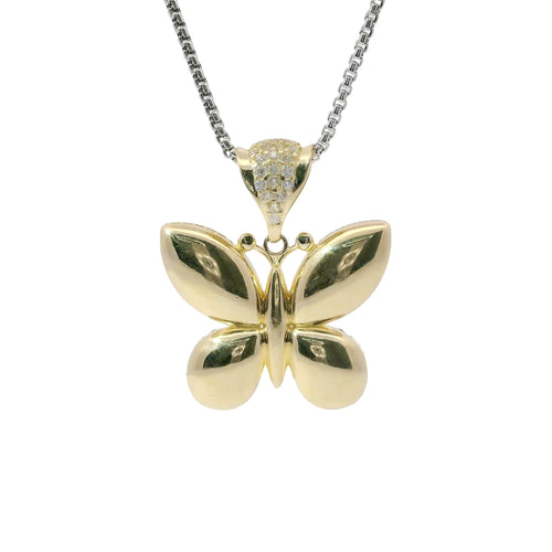 14KT Gold Charm Medium 3D Puff Butterfly with Flat Back White CZ Stones Edge and Bell