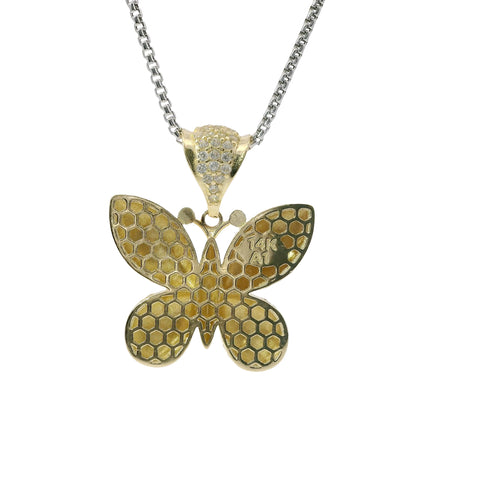 14KT Gold Charm Medium 3D Puff Butterfly with Flat Back White CZ Stones Edge and Bell