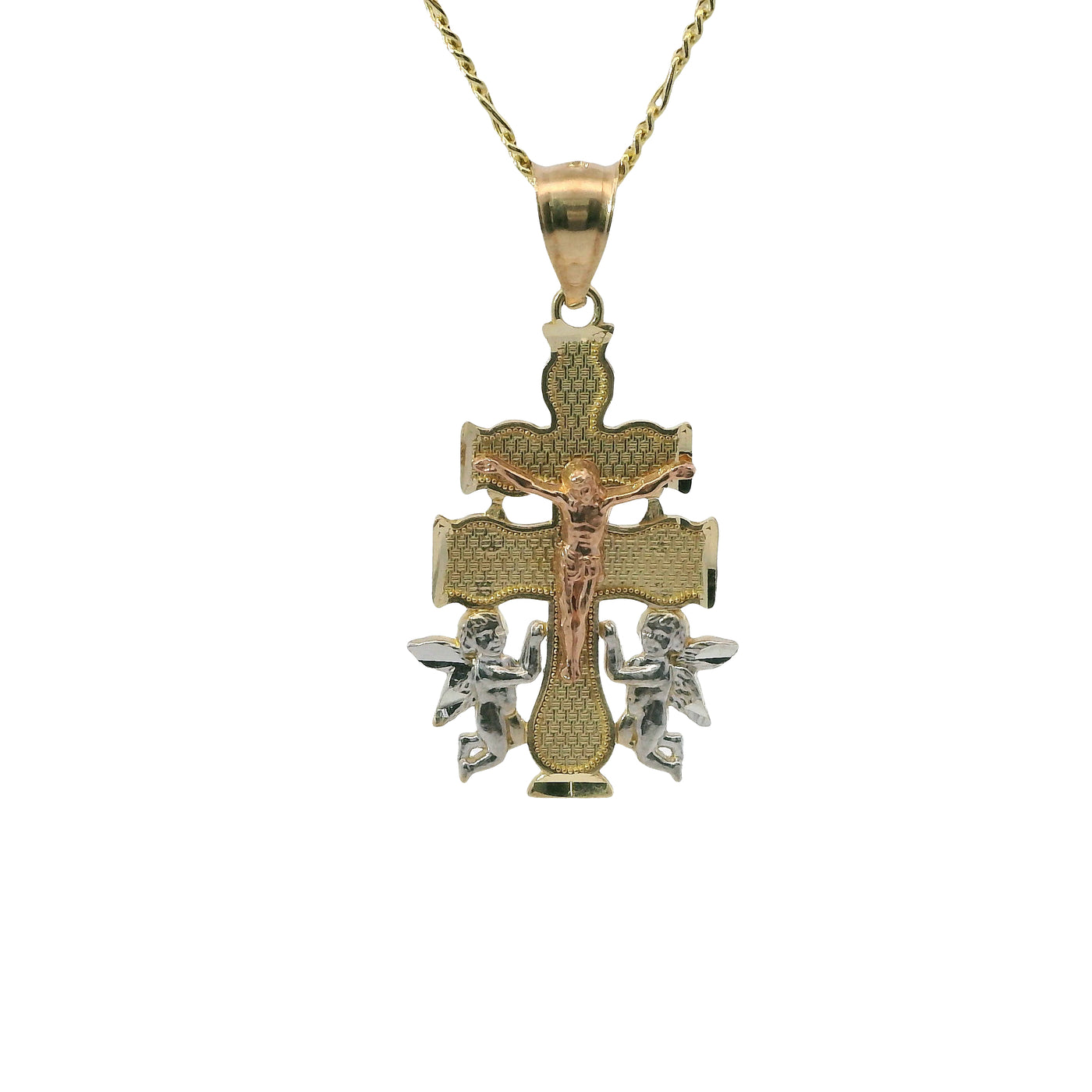 14KT Gold Charm Medium Tri Tone Caravaca Crucifix Cross with Rounded Base and Plain Bell