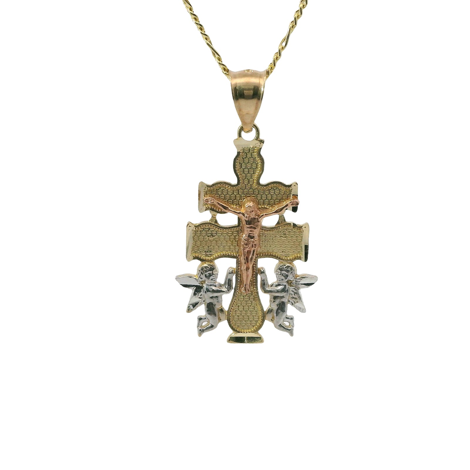 14KT Gold Charm Medium Tri Tone Caravaca Crucifix Cross with Rounded Base and Plain Bell