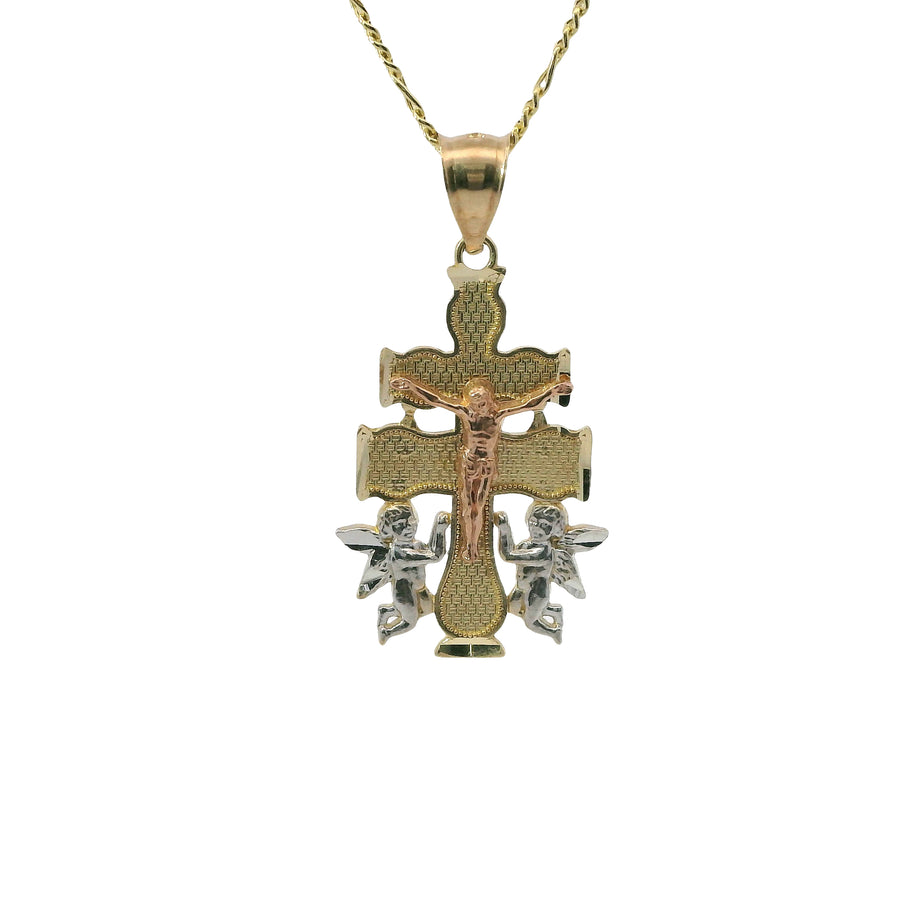 14KT Gold Charm Medium Tri Tone Caravaca Crucifix Cross with Rounded Base and Plain Bell