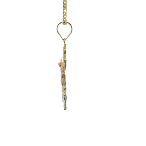 14KT Gold Charm Medium Tri Tone Caravaca Crucifix Cross with Rounded Base and Plain Bell