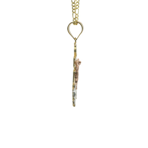 14KT Gold Charm Medium Tri Tone Caravaca Crucifix Cross with Rounded Base and Plain Bell