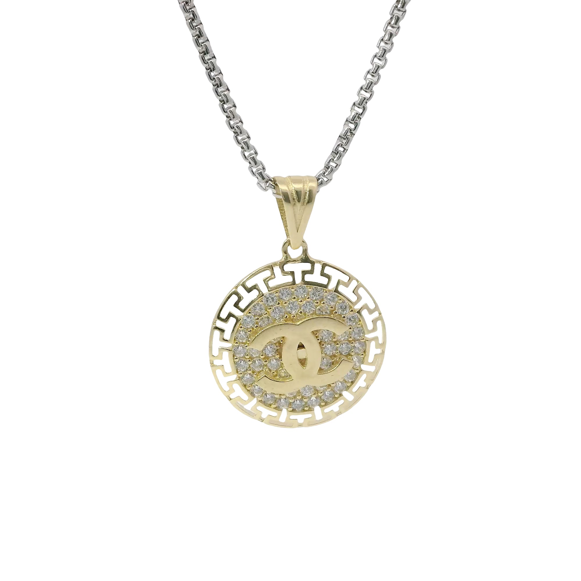 14KT Gold Charm Medium CC Coin with White CZ Stones Center and Open Greek Borders with Plain Bell