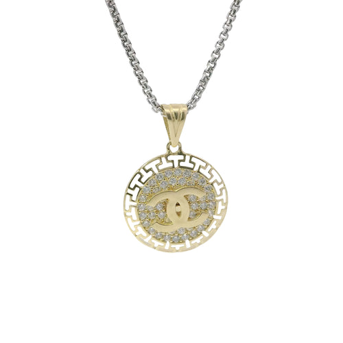 14KT Gold Charm Medium CC Coin with White CZ Stones Center and Open Greek Borders with Plain Bell