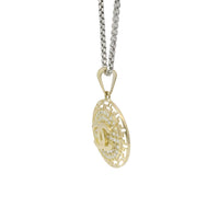 14KT Gold Charm Medium CC Coin with White CZ Stones Center and Open Greek Borders with Plain Bell