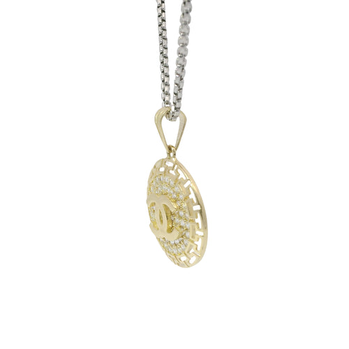 14KT Gold Charm Medium CC Coin with White CZ Stones Center and Open Greek Borders with Plain Bell