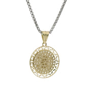 14KT Gold Charm Medium CC Coin with White CZ Stones Center and Open Greek Borders with Plain Bell