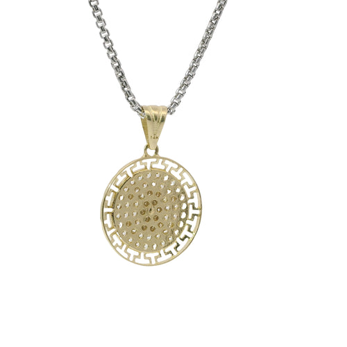 14KT Gold Charm Medium CC Coin with White CZ Stones Center and Open Greek Borders with Plain Bell