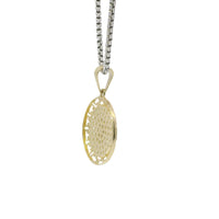 14KT Gold Charm Medium CC Coin with White CZ Stones Center and Open Greek Borders with Plain Bell