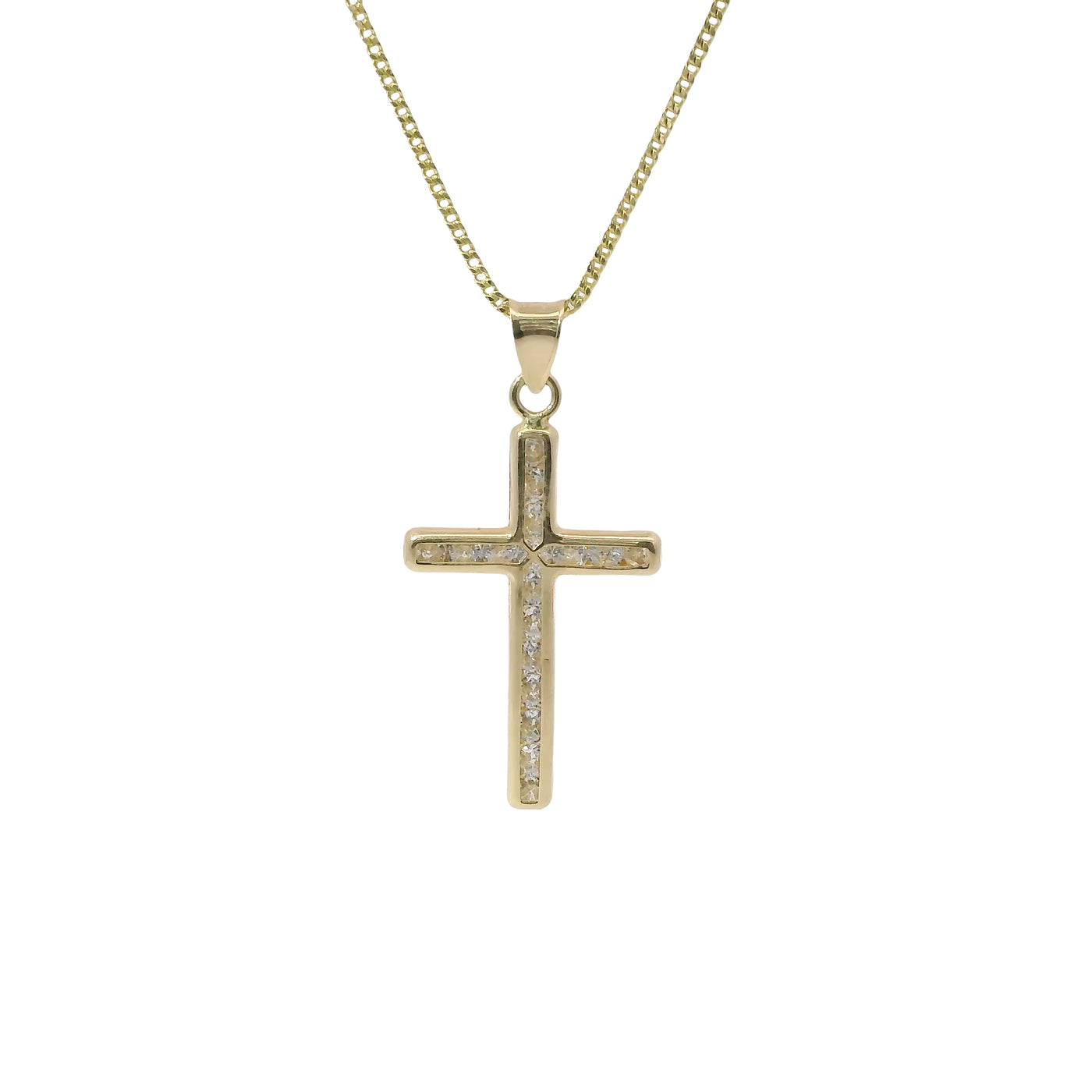 14KT Gold Charm Medium Round Channel Set CZ Stones Cross with Plain Bell