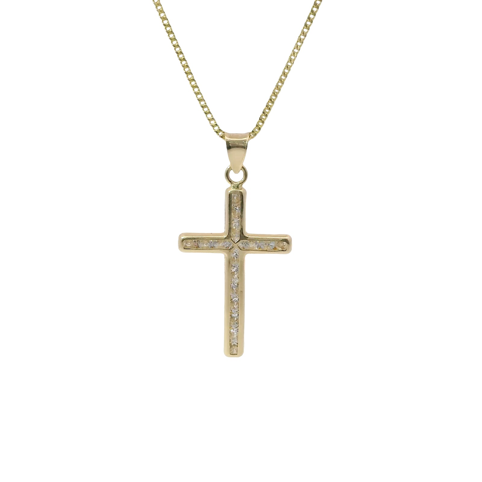 14KT Gold Charm Medium Round Channel Set CZ Stones Cross with Plain Bell
