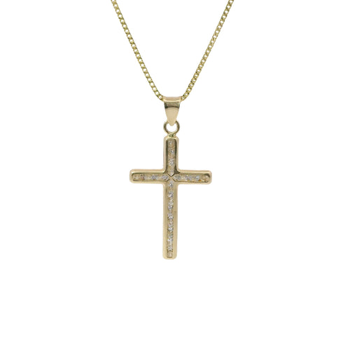 14KT Gold Charm Medium Round Channel Set CZ Stones Cross with Plain Bell
