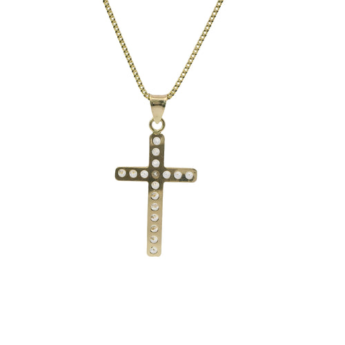 14KT Gold Charm Medium Round Channel Set CZ Stones Cross with Plain Bell