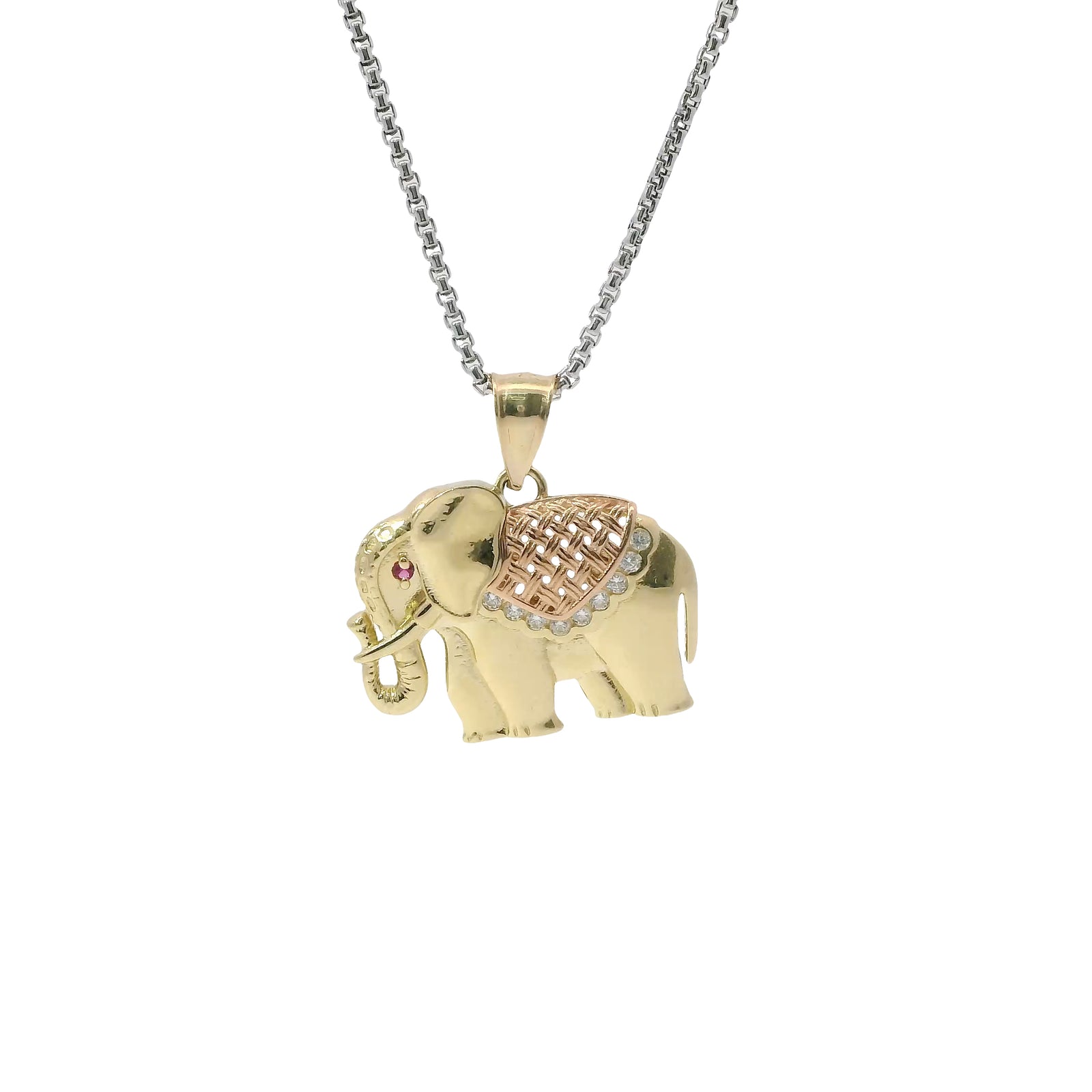 14KT Gold Charm Medium Tri Tone Elephant with Pink Eye and Rose Gold Pointed Blanket Plain Bell