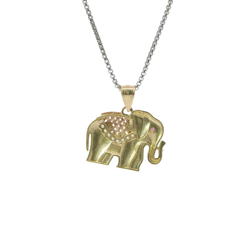 14KT Gold Charm Medium Tri Tone Elephant with Pink Eye and Rose Gold Pointed Blanket Plain Bell