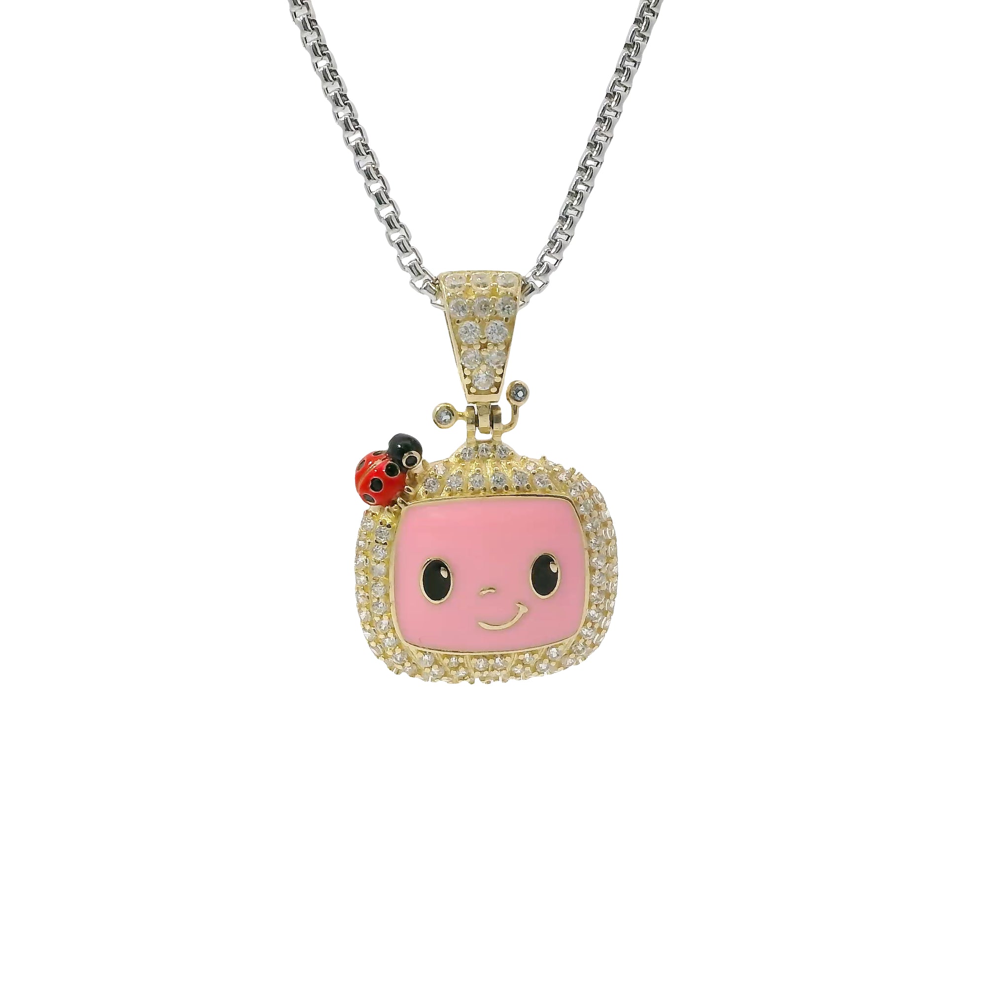 14KT Gold Charm Medium 3D Enamel CoCo Melon Face Flat Back with White CZ Stones Border and Bell