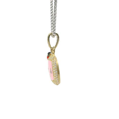 14KT Gold Charm Medium 3D Enamel CoCo Melon Face Flat Back with White CZ Stones Border and Bell
