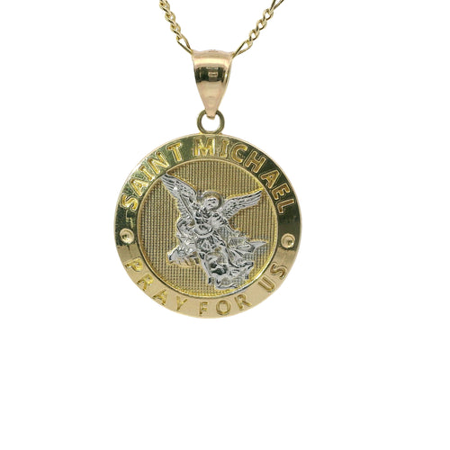 14KT Gold Charm Large Two Tone St Michael Coin with "PRAY FOR US" Border and Plain Bell