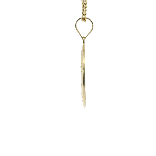 14KT Gold Charm Large Two Tone St Michael Coin with "PRAY FOR US" Border and Plain Bell