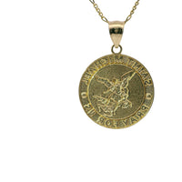 14KT Gold Charm Large Two Tone St Michael Coin with "PRAY FOR US" Border and Plain Bell