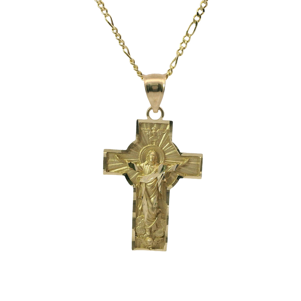 14KT Gold Charm Medium Cross Jesus Center with Heaven Background, Diamond Cut Edge, and Plain Bell
