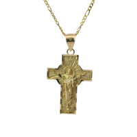 14KT Gold Charm Medium Cross Jesus Center with Heaven Background, Diamond Cut Edge, and Plain Bell