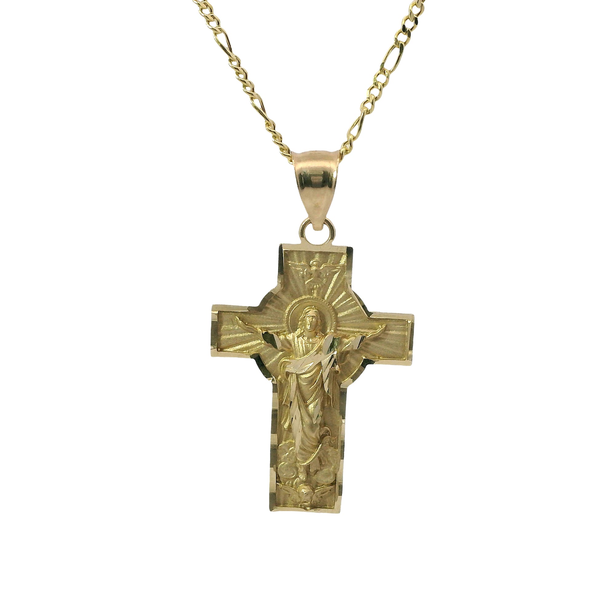 14KT Gold Charm Medium Cross Jesus Center with Heaven Background, Diamond Cut Edge, and Plain Bell