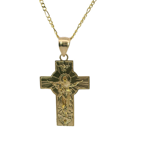 14KT Gold Charm Medium Cross Jesus Center with Heaven Background, Diamond Cut Edge, and Plain Bell