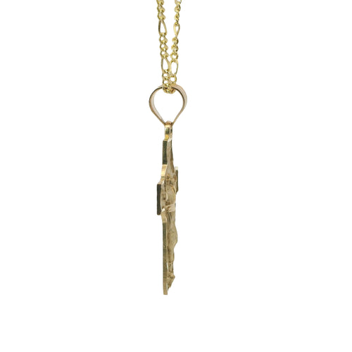 14KT Gold Charm Medium Cross Jesus Center with Heaven Background, Diamond Cut Edge, and Plain Bell