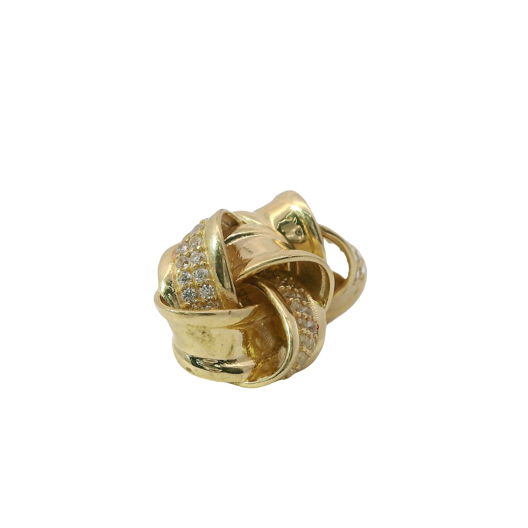 14KT Gold Earrings Medium Four Ribbon Strand White CZ Stones Pinwheel Knot with Plain Borders, Push Back Post, and Butterfly Backs
