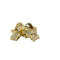 14KT Gold Earrings Medium Four Ribbon Strand White CZ Stones Pinwheel Knot with Plain Borders, Push Back Post, and Butterfly Backs
