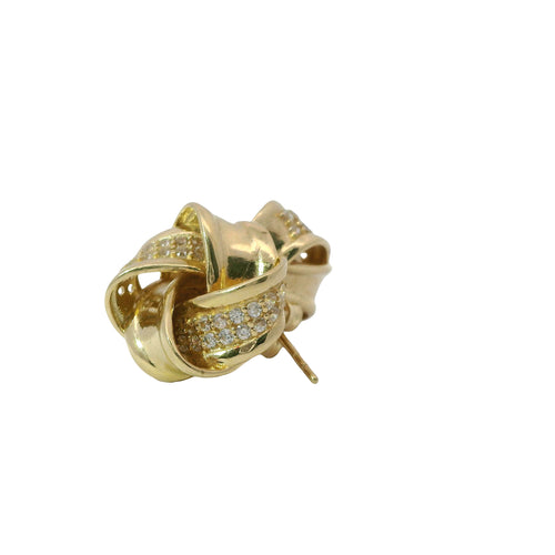 14KT Gold Earrings Medium Four Ribbon Strand White CZ Stones Pinwheel Knot with Plain Borders, Push Back Post, and Butterfly Backs