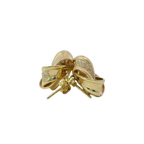 14KT Gold Earrings Medium Four Ribbon Strand White CZ Stones Pinwheel Knot with Plain Borders, Push Back Post, and Butterfly Backs