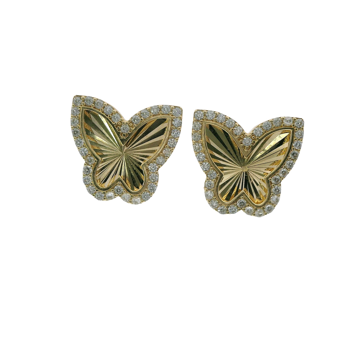 14KT Gold Earrings Medium Sunray Butterfly with White CZ Stones, Push Back Post and Butterfly Backs
