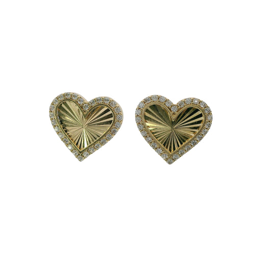 14KT Gold Earrings Medium Sunray Heart with White CZ Stones, Push Back Post and Butterfly Backs