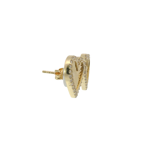 14KT Gold Earrings Medium Sunray Heart with White CZ Stones, Push Back Post and Butterfly Backs