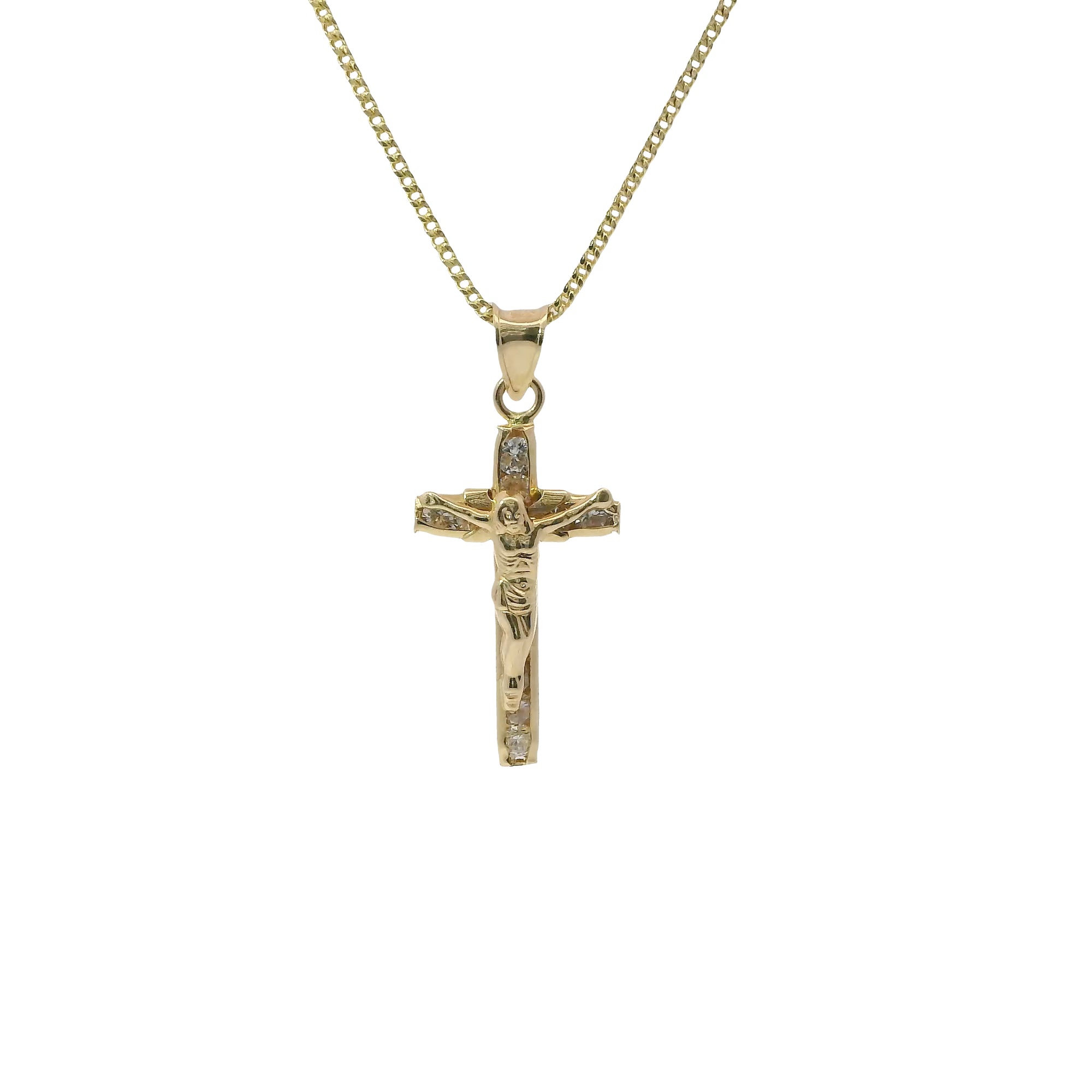 14KT Gold Charm Medium Crucifix Cross with White CZ Stones Under Center and Plain Bell