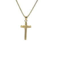 14KT Gold Charm Medium Crucifix Cross with White CZ Stones Under Center and Plain Bell