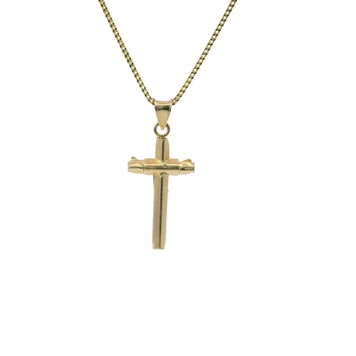 14KT Gold Charm Medium Crucifix Cross with White CZ Stones Under Center and Plain Bell